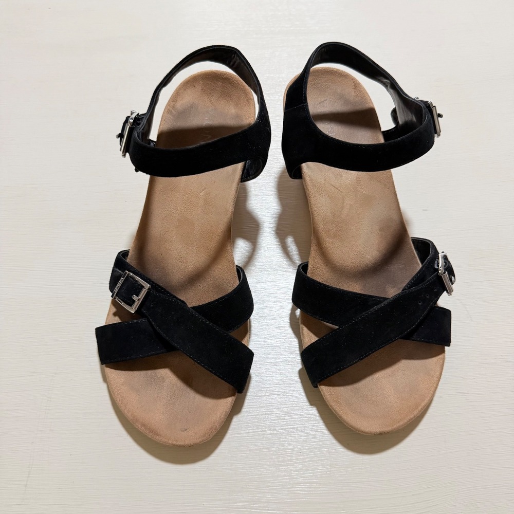 Vionic Women Black Suede Cork Wedge Sandals Ankle Strap Buckle Size 9